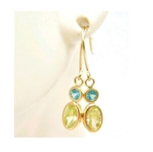 14K Yellow Gold Hook Dangle Drop Earrings Citrine Blue Topaz Style
